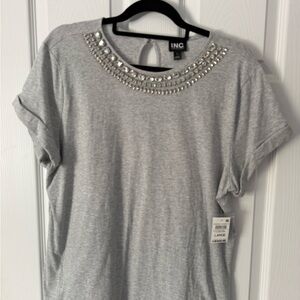 INC International Concepts Light Gray Jeweled Crewneck Short Sleeve Top